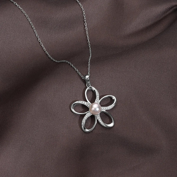 Elegant Flower Pearl Crystal Pendant Necklace for Women | Premium Silver Finish