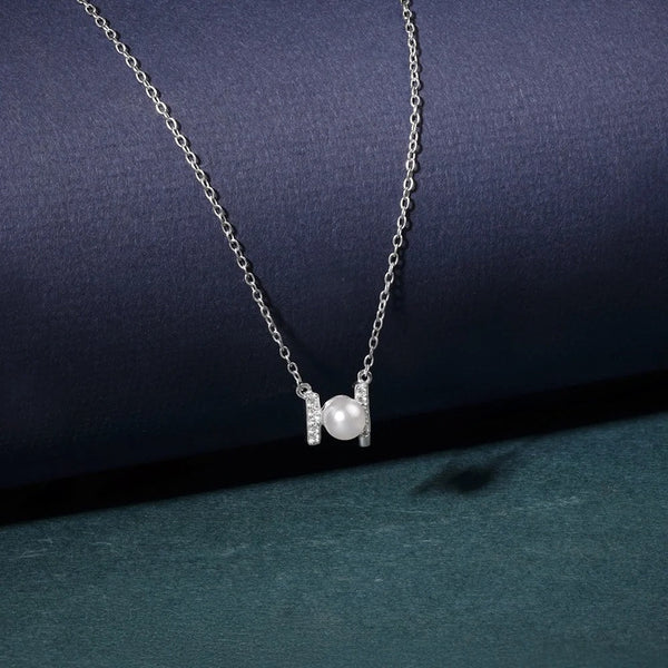 Elegant Pearl Crystal Bar Pendant Necklace for Women | Premium Silver Finish