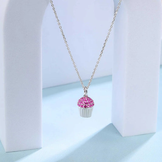 Cute Pink Cupcake Crystal Pendant Necklace for Women | Premium Silver Finish