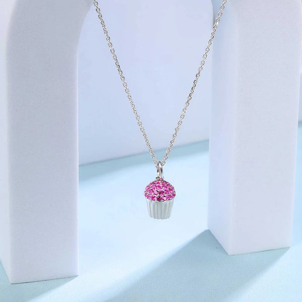 Cute Pink Cupcake Crystal Pendant Necklace for Women | Premium Silver Finish
