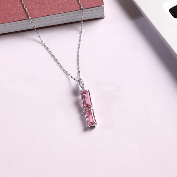 Elegant Pink Emerald Cut Crystal Pendant Necklace for Women | Premium Silver Finish