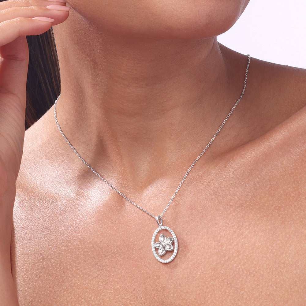 Elegant Floral Crystal Oval Pendant Necklace for Women | Premium Silver Finish