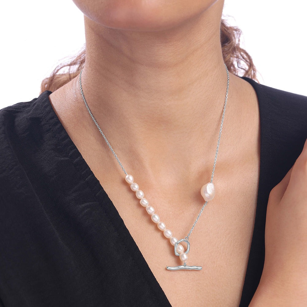 Elegant Freshwater Pearl Toggle Necklace for Women | Premium Silver Finish