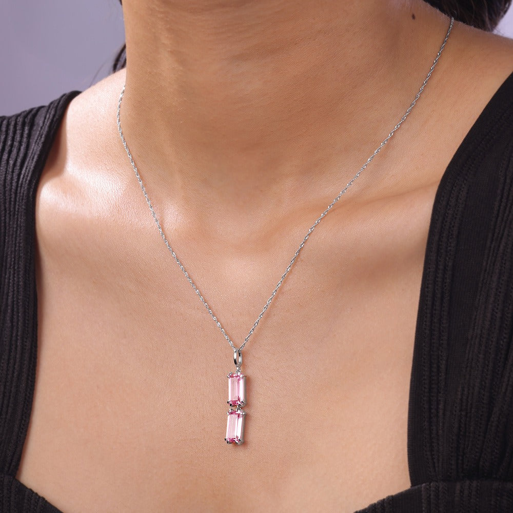 Elegant Pink Emerald Cut Crystal Pendant Necklace for Women | Premium Silver Finish