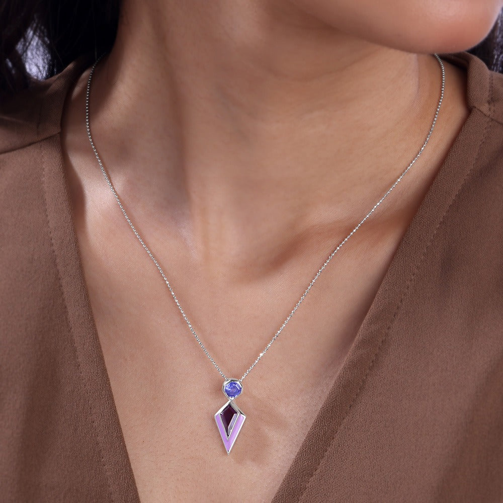 Elegant Purple Crystal Geometric Pendant Necklace for Women | Premium Silver Finish
