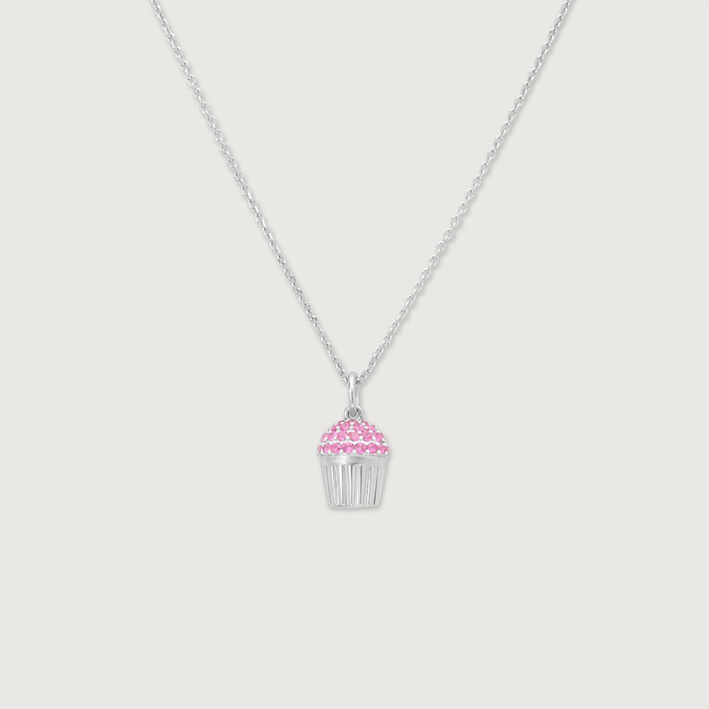 Cute Pink Cupcake Crystal Pendant Necklace for Women | Premium Silver Finish